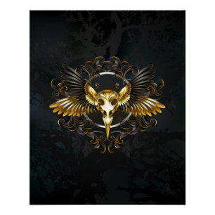 Golden Bird Skull on Black background Poster