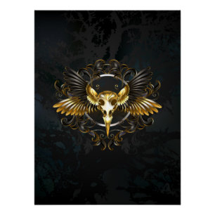 Golden Bird Skull on Black background Poster