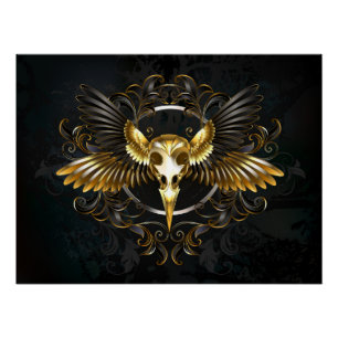 Golden Bird Skull on Black background Poster