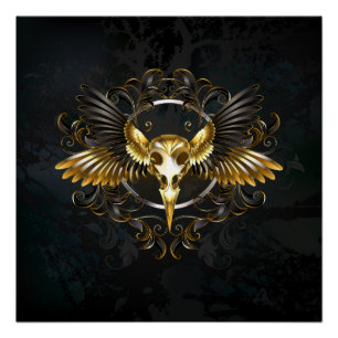 Golden Bird Skull on Black background Poster