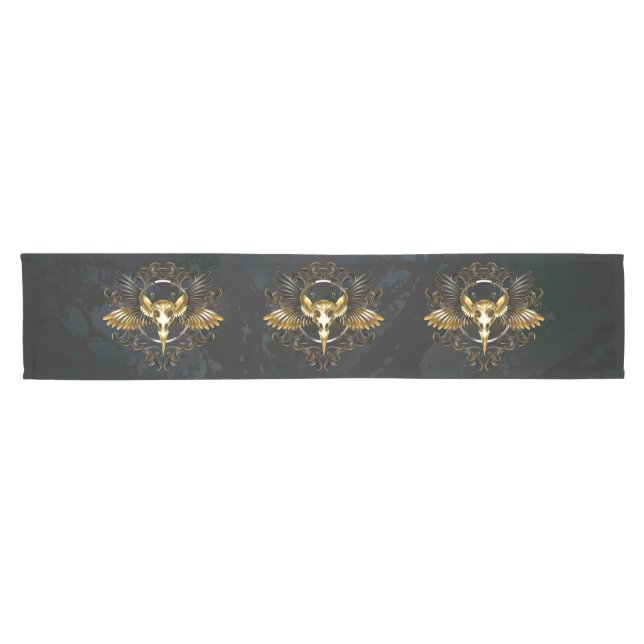 Golden Bird Skull on Black background Short Table Runner (Horizontal)