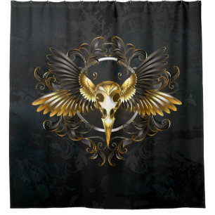 Golden Bird Skull on Black background Shower Curtain