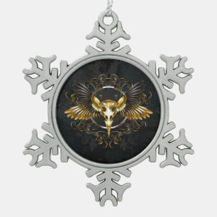 Golden Bird Skull on Black background Snowflake Pewter Christmas Ornament