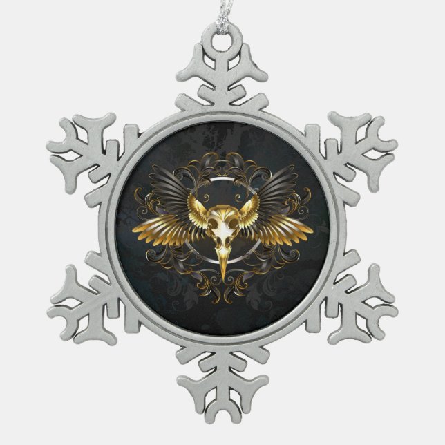 Golden Bird Skull on Black background Snowflake Pewter Christmas Ornament (Front)