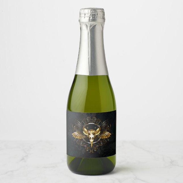 Golden Bird Skull on Black background Sparkling Wine Label (Front)