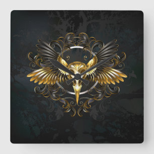 Golden Bird Skull on Black background Square Wall Clock