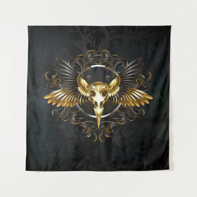 Golden Bird Skull on Black background Tapestry (Front)
