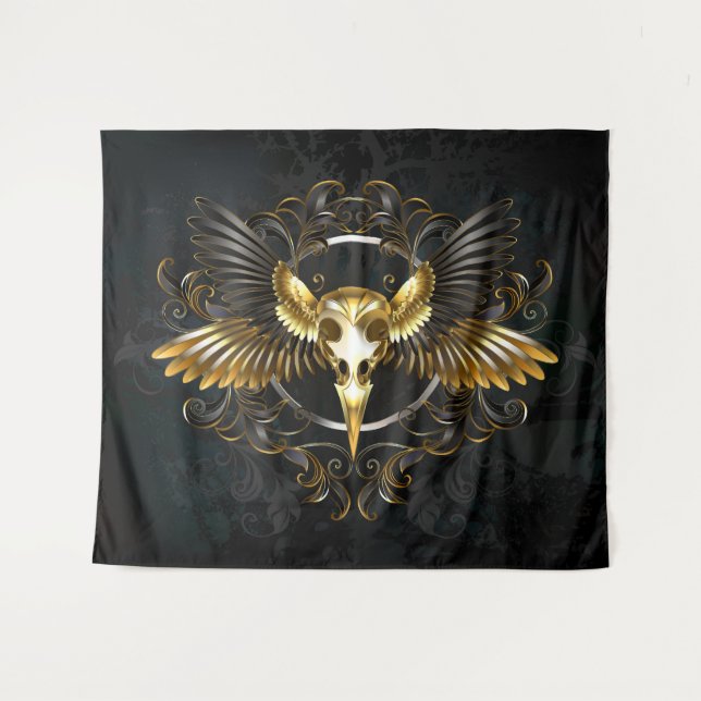 Golden Bird Skull on Black background Tapestry (Front (Horizontal))