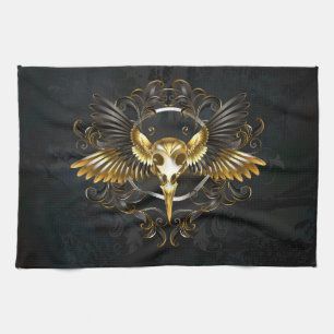 Golden Bird Skull on Black background Tea Towel