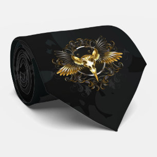Golden Bird Skull on Black background Tie