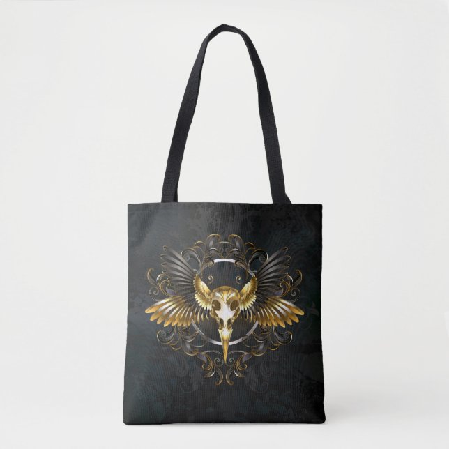 Golden Bird Skull on Black background Tote Bag (Front)