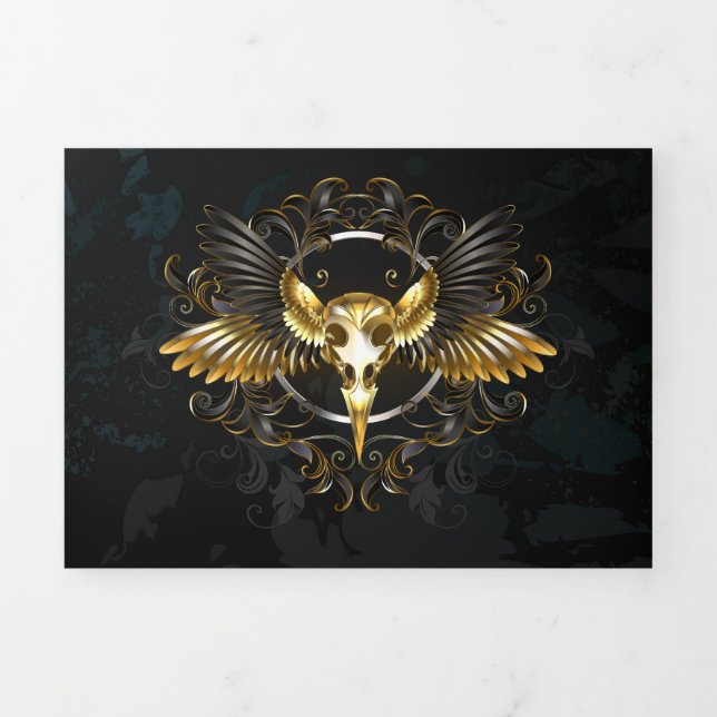Golden Bird Skull on Black background Tri-Fold Card (Cover)