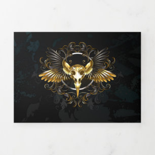 Golden Bird Skull on Black background Tri-Fold Holiday Card