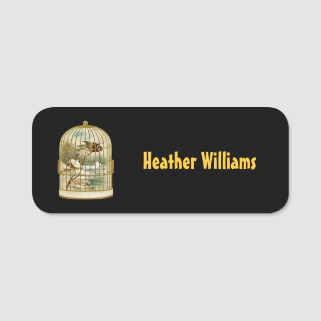 Golden Birdcage Winter Cabin Scene Bird on Black Name Tag (Front)