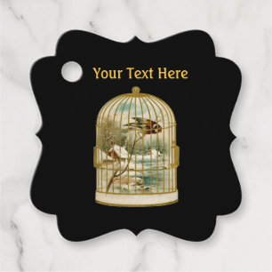 Golden Birdcage With Bird Cabin Stream Snow Inside Favour Tags