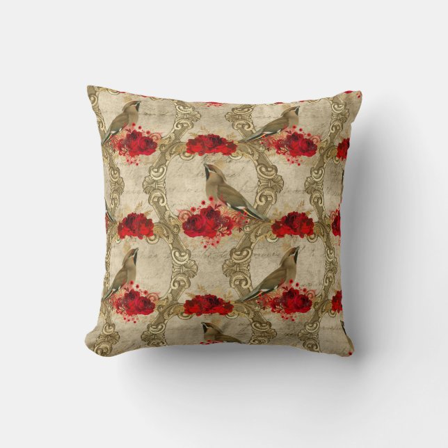 Golden Birds and Red Floral Cushion (Front)