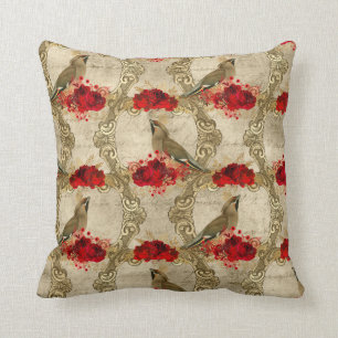 Golden Birds and Red Floral Cushion
