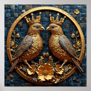 👑 Golden Birds Crown Mosaic Elegant Luxury Art Poster