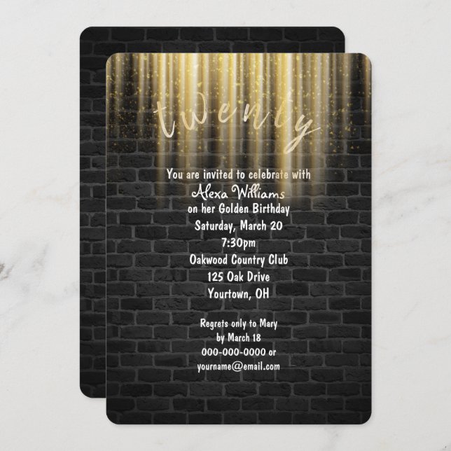 Golden Birthday sunbeams on brick Invitation (Front/Back)