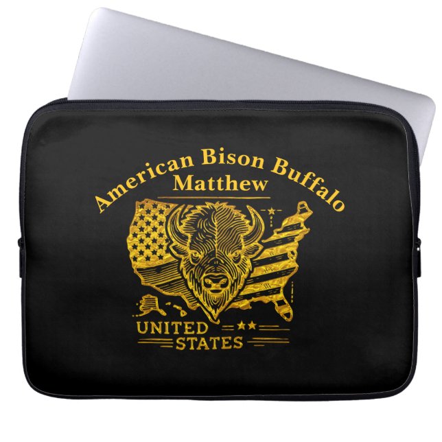 Golden Bison Illustration With USA Map and Flag Laptop Sleeve (Front)