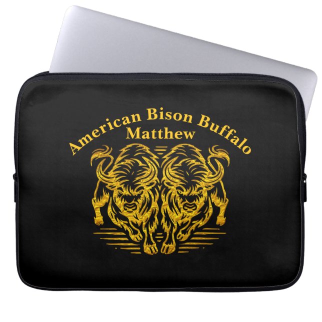 Golden Bison Running Across the Plains at Sunset Laptop Sleeve (Front)
