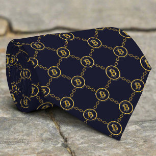 Golden Bitcoin Chains On Dark Blue Background Tie