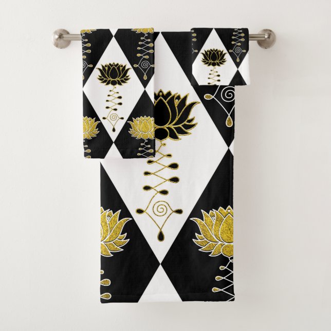 Golden Black and White Lotus Unalome Pattern Bath Towel Set (Insitu)