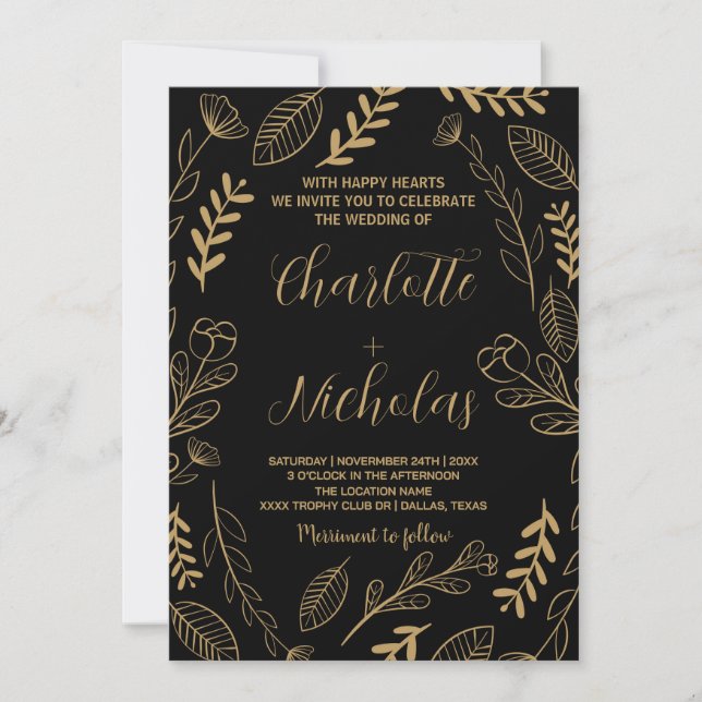 Golden Black Art Wedding Invitations (Front)