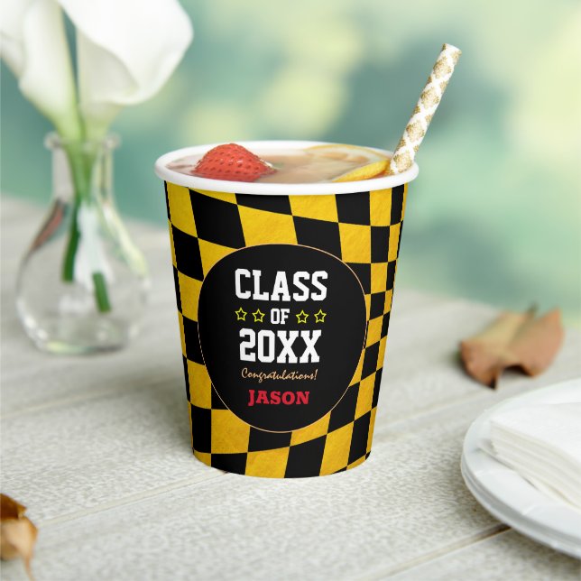 Golden / Black Checked Graduating Class Year Paper Cups (Insitu)