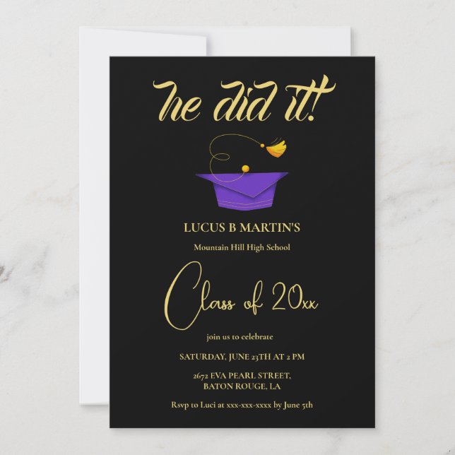 Golden Black Elegant he did it Graduation party Invitation (Front)