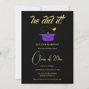 Golden Black Elegant he did it Graduation party Invitation