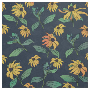 Golden Black-Eyed Daisy Flowers Dark Blue Design Fabric