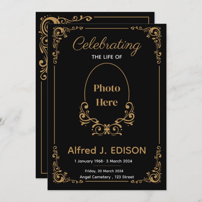 Golden Black Funeral Program, Funeral Memorial Invitation (Front/Back)