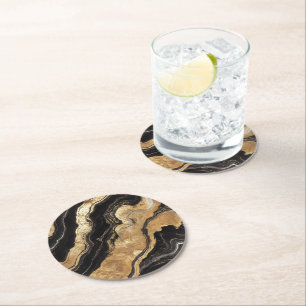 Golden Black Marble Pattern Round Paper Coaster