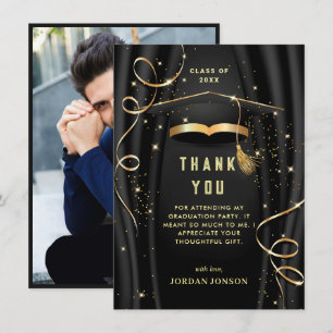 Golden Black Modern Graduation PHOTO Thank You Card
