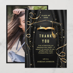 Golden Black Modern Graduation PHOTO Thank You Card