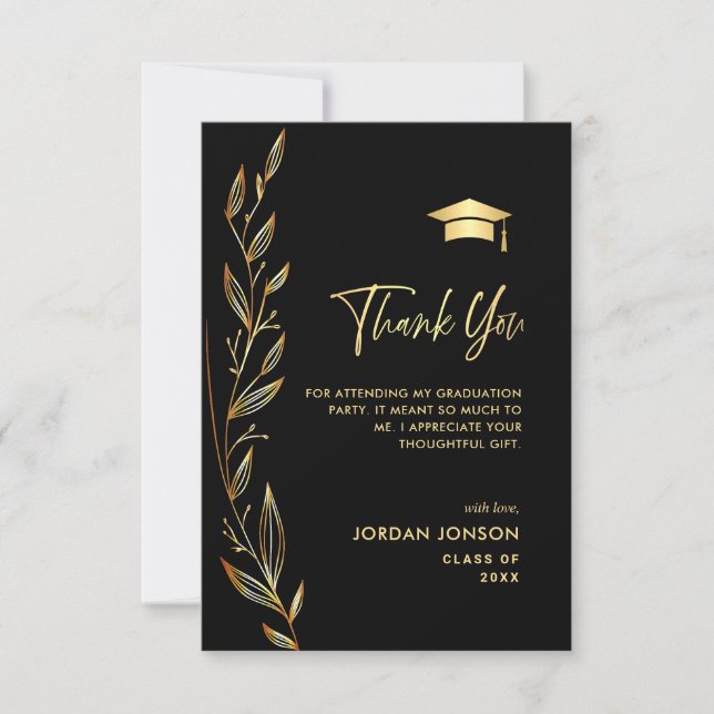 Golden Black Modern Graduation Thank You Card (Front)