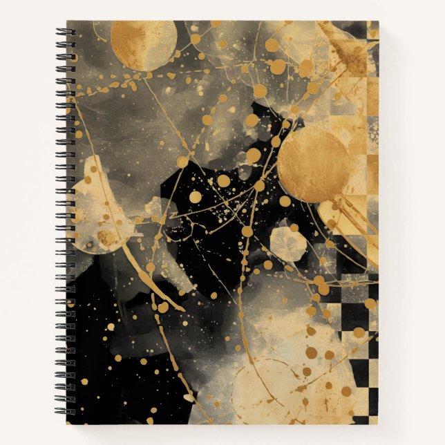 Golden Black Polka Dots and Chessboard Pattern  Notebook (Front)