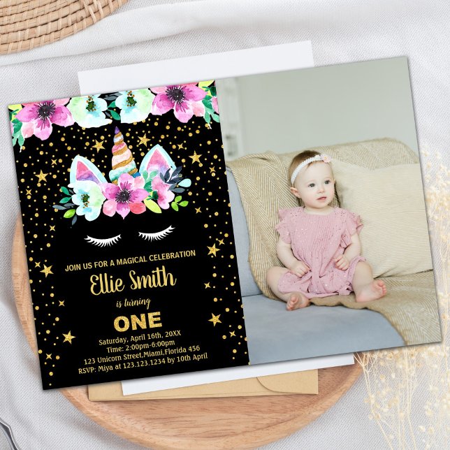 Golden Black Unicorn Birthday Invitations w photo (Golden Black Unicorn Birthday Invitations w photo)