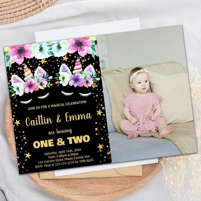 Golden Black Unicorn Birthday Invitations w photo (Golden Black Unicorn Birthday Invitations w photo)