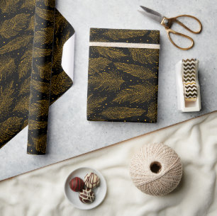 Golden black vintage feather pattern wrapping paper