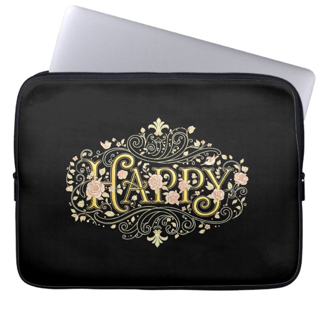 Golden Bliss: Elegant Floral Happy Laptop Sleeve (Front)