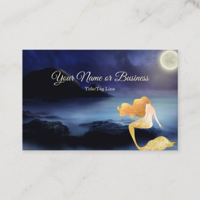 Golden Blonde Mermaid Full Moon Lagoon Beach Business Card (Front)