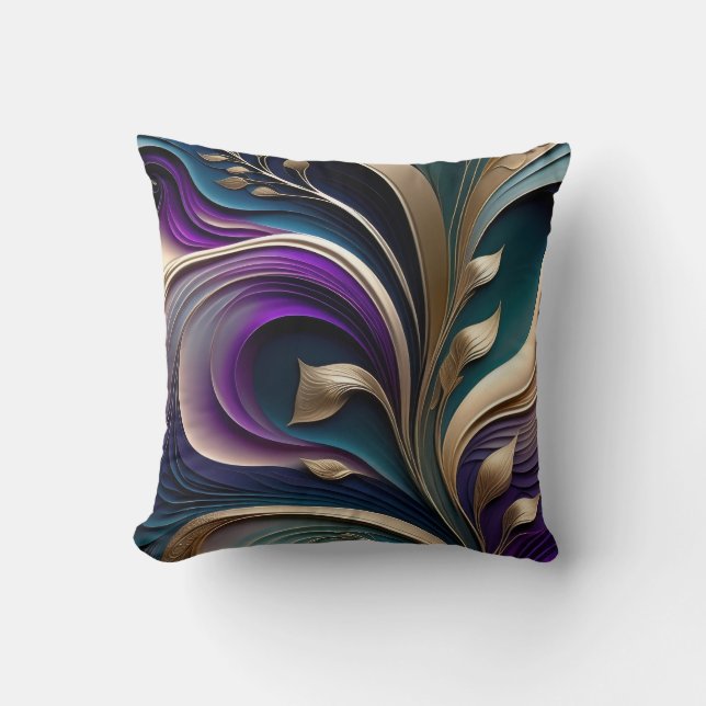 Golden Bloom - Deep Purple and Teal Abstract Flora Cushion (Front)