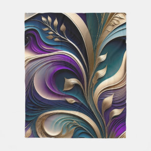 Golden Bloom - Deep Purple and Teal Abstract Flora Fleece Blanket