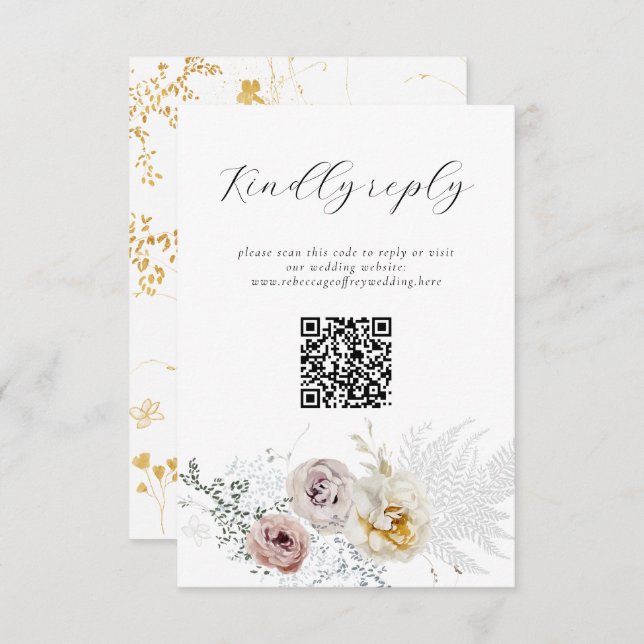 Golden Bloom Delicate Floral Calligraphy QR Code RSVP Card (Front/Back)