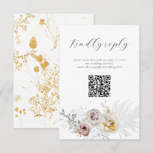 Golden Bloom Delicate Floral Calligraphy QR Code RSVP Card
