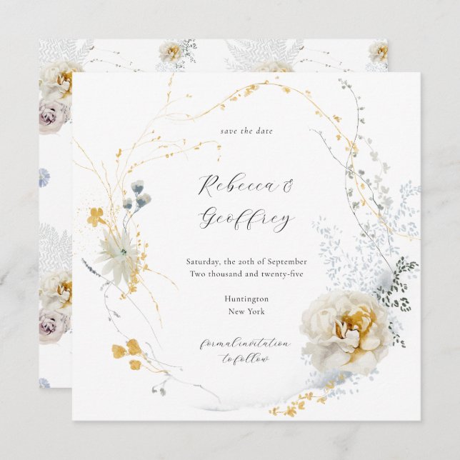Golden Bloom Delicate Floral Calligraphy Square Save The Date (Front/Back)