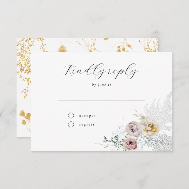 Golden Bloom Delicate Floral Calligraphy Wedding R RSVP Card (Front/Back)