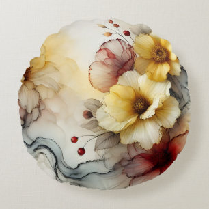 "Golden Bloom Elegance: Abstract Floral Serenity" Round Cushion